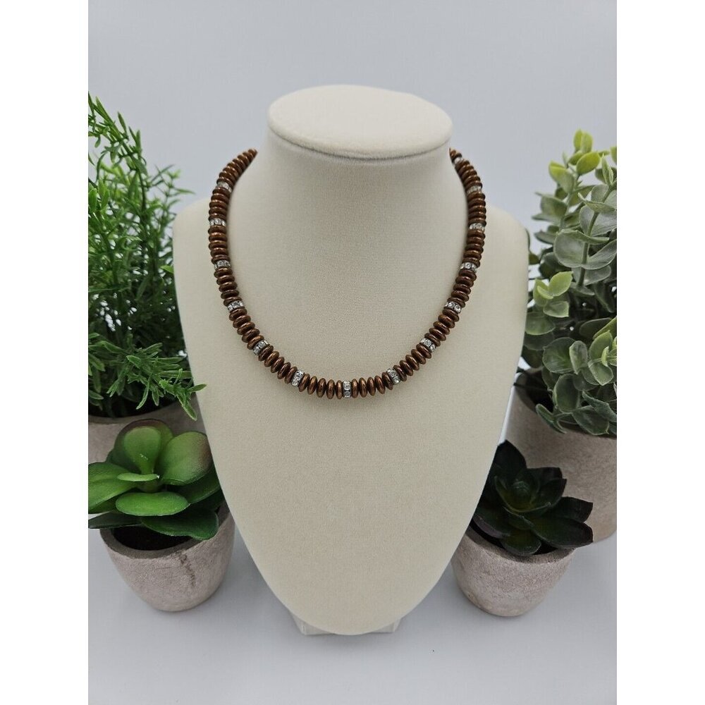Vintage Copper‎ Color Saucer Bead Choker Necklace Rhinestone